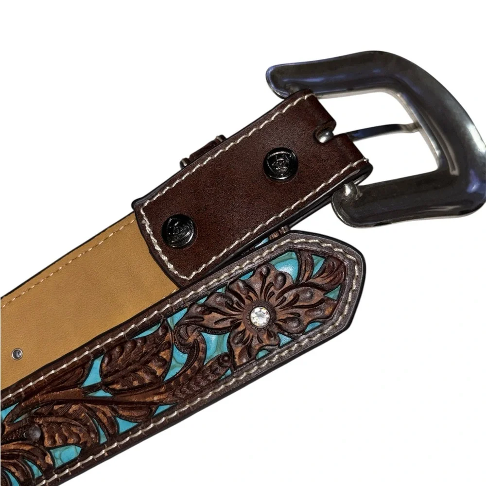 Ariat Brown and Turquoise Embossed Belt with Silver Buckle